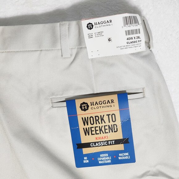 Haggar Men's Work To Weekend Khaki Flat Front Pant Classic Fit 40W X 29L - Picture 11 of 12